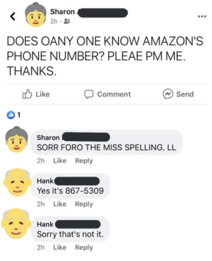 a person named sharon asking for amazon&#x27;s phone number