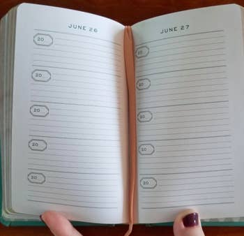 The inside of the book — it goes by date in order, with sections to fill out which year it is and write a line a day