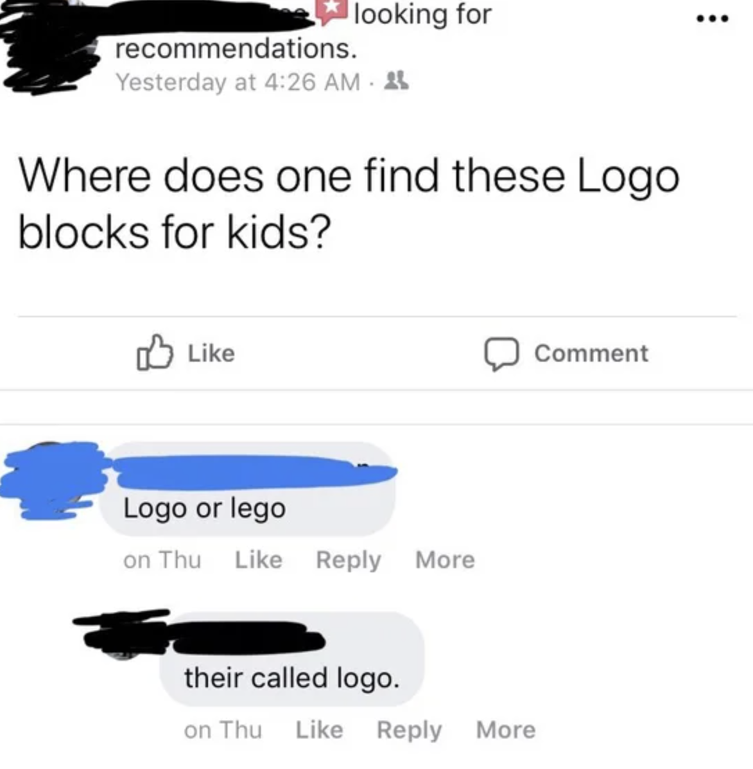 a person asking where to find logo blocks when they mean legos