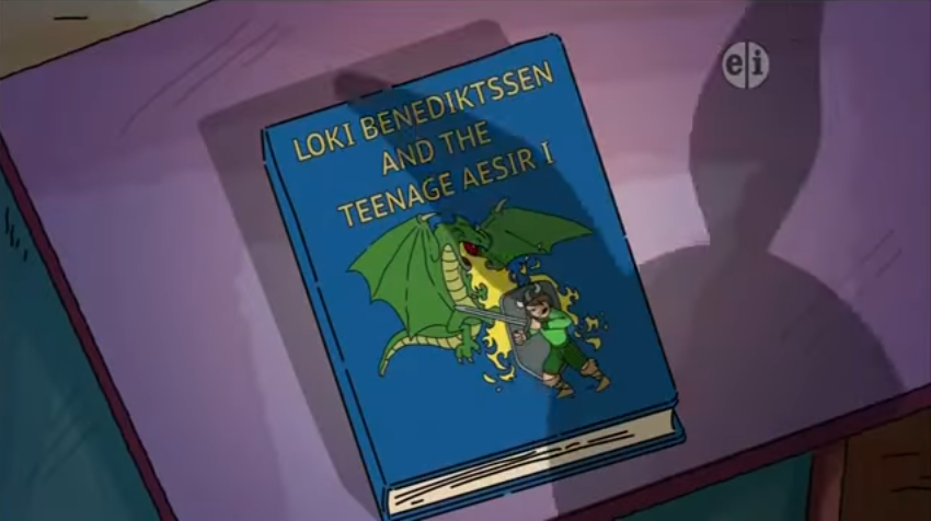 A book with a flame-breathing dragon on the front, titled &quot;loki benediktssen and the teenage aesir&quot; 
