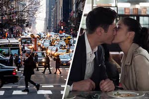 On the left, busy traffic on a New York City street, and on the right, Henry Golding and Constance Wu share a kiss as Nick and Rachel in "Crazy Rich Asians"