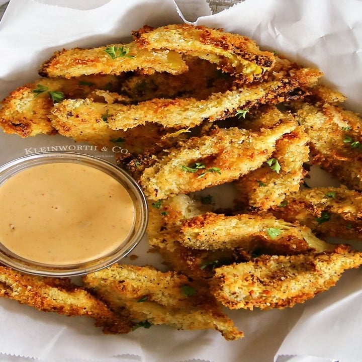 Crispy artichoke hearts with dipping sauce.