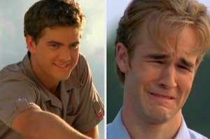 Side by side images of Pacey smiling and Dawson crying