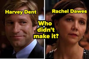 Aaron Eckhart as Harvey Dent and Maggie Gyllenhaal as Rachel Dawes in the movie 