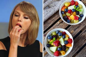 On the left, Taylor Swift eating a strawberry, and on the right, two bowls of fruit salad