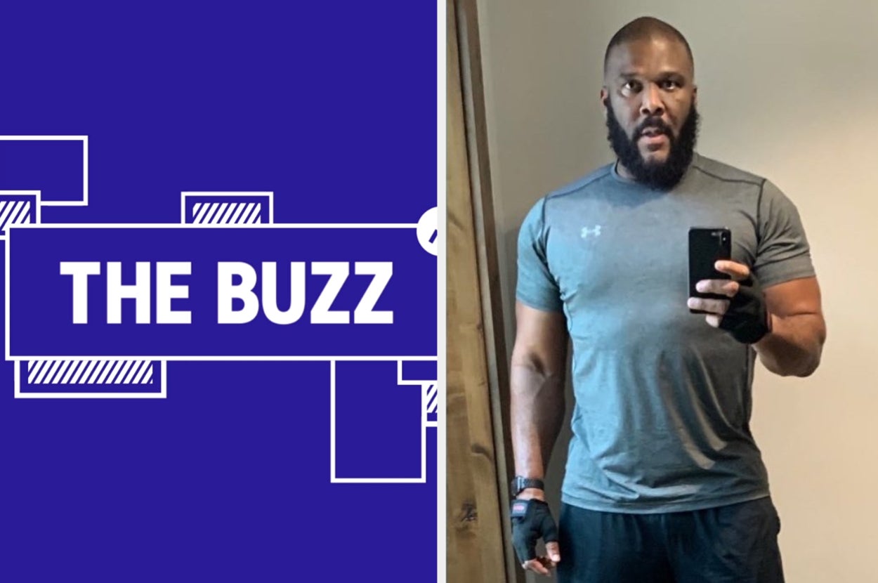 Splitscreen of purple graphic with THE BUZZ in white letters on the right side and photo of Tyler Perry holding up his phone on the left side (CREDIT: TYLER PERRY)
