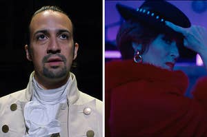 On the left, Lin Manuel Miranda as Alexander Hamilton in "Hamilton," and on the right, Meryl Streep as Dee Dee in "The Prom"
