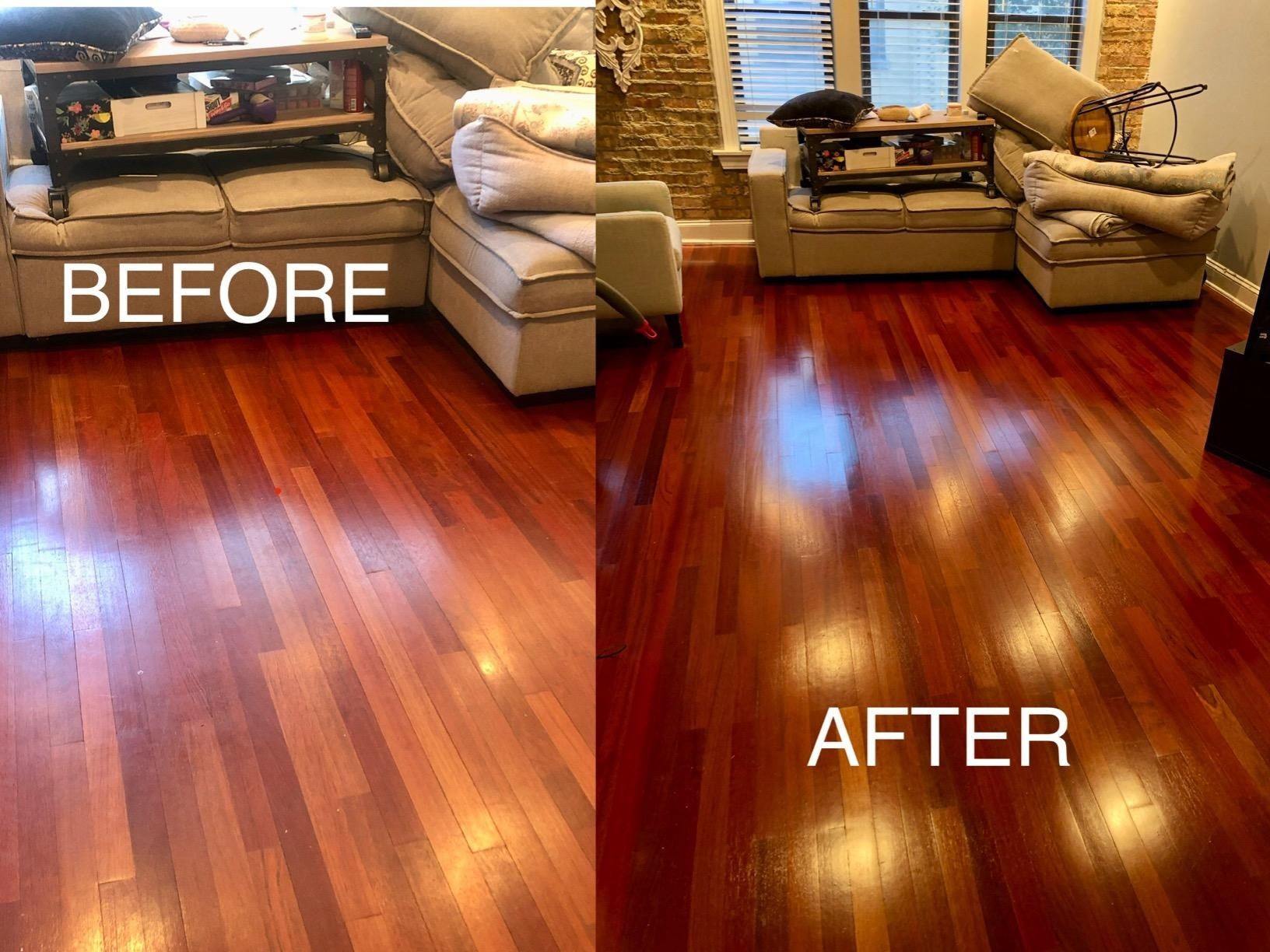 Reviewer&#x27;s photo of their floors before and after floor restorer