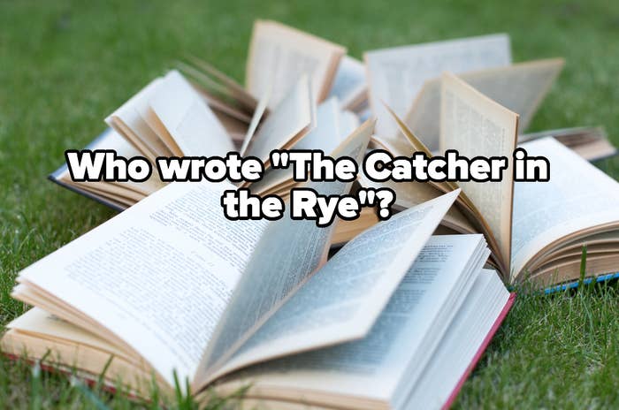 Pile of open books with the words &quot;Who wrote &#x27;The Catcher in the Rye&#x27;?&quot;