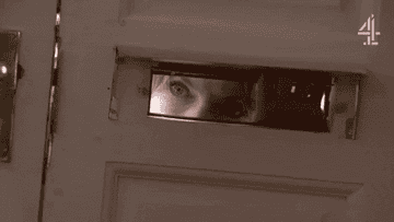 A gif of someone opening the mail slot in a door and peeking through 