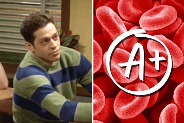 Pete Davidson on &quot;Saturday Night Live&quot; at a desk and red blood cells with a A+