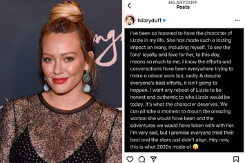 Hilary Duff next to a statement she posted on Instagram
