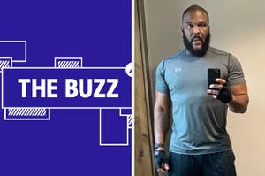 Splitscreen of purple graphic with THE BUZZ in white letters on the right side and photo of Tyler Perry holding up his phone on the left side (CREDIT: TYLER PERRY)