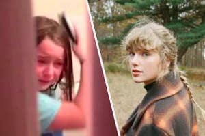 A girl crying in a bathroom by herself because she's in quarantine next to taylor swift walking through a field 