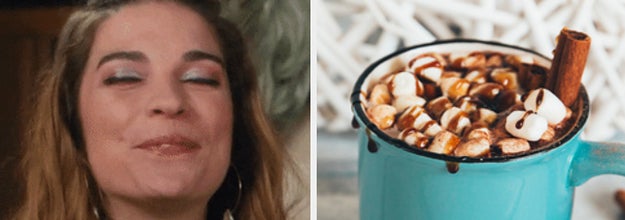 Alexis rose smiling and a chocolate-y mug of hot cocoa