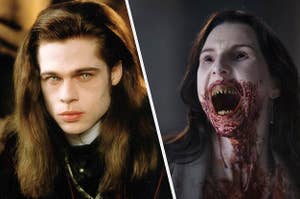 Brad Pitt as an attractive vampire and then a woman as a scary, ferocious vampire with long sharp fangs