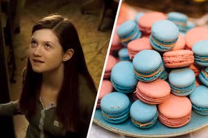 On the left, Ginny from "Harry Potter," and on the left, a plate full of macarons