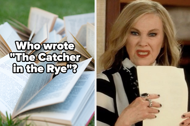 Books with the words "Who wrote 'The Catcher in the Rye'?" and Moira Rose from "Schitt's Creek"
