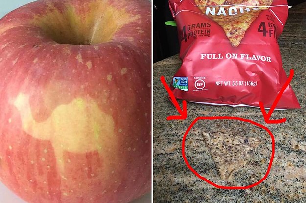 A shape in an apple's skin that looks like a camel, and a tortilla chip that camouflages into a granite counter