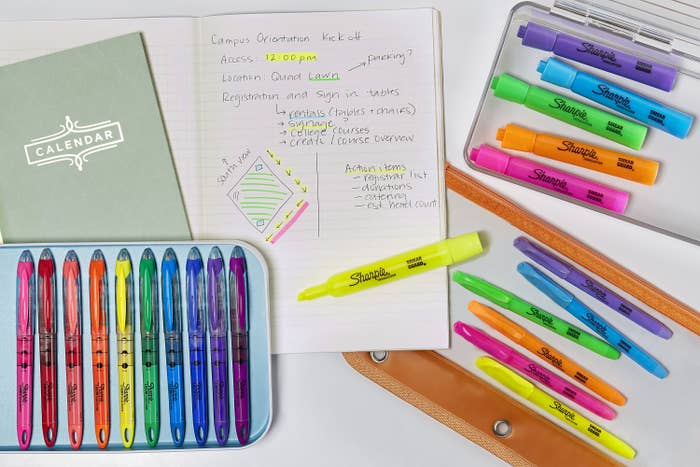 the highlighters displayed on the desk being used for notes