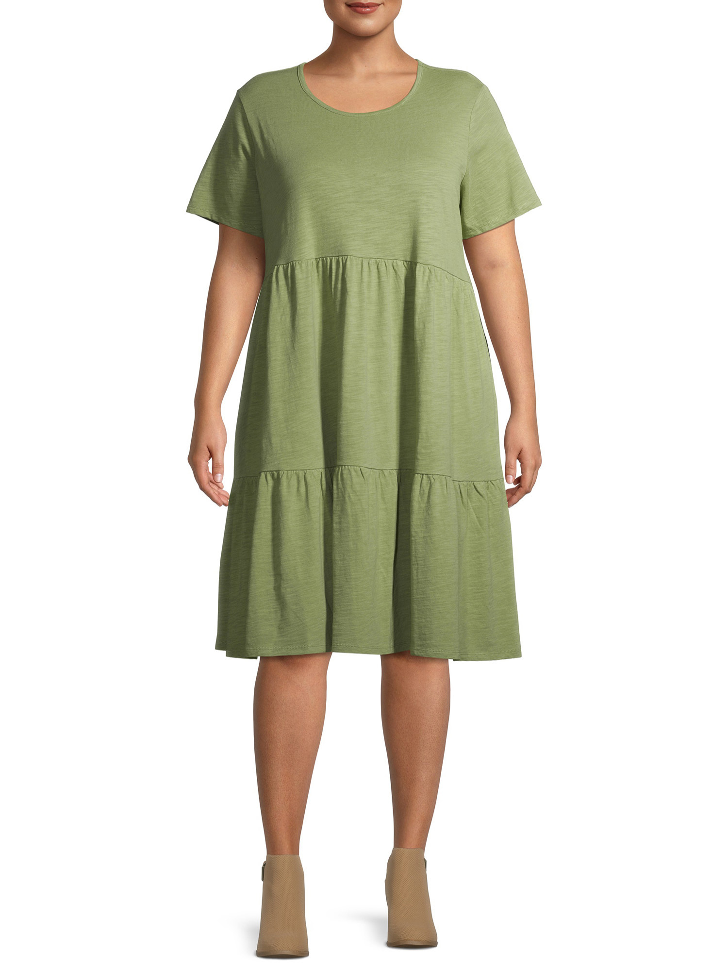 model wears olive green tiered t shirt dress