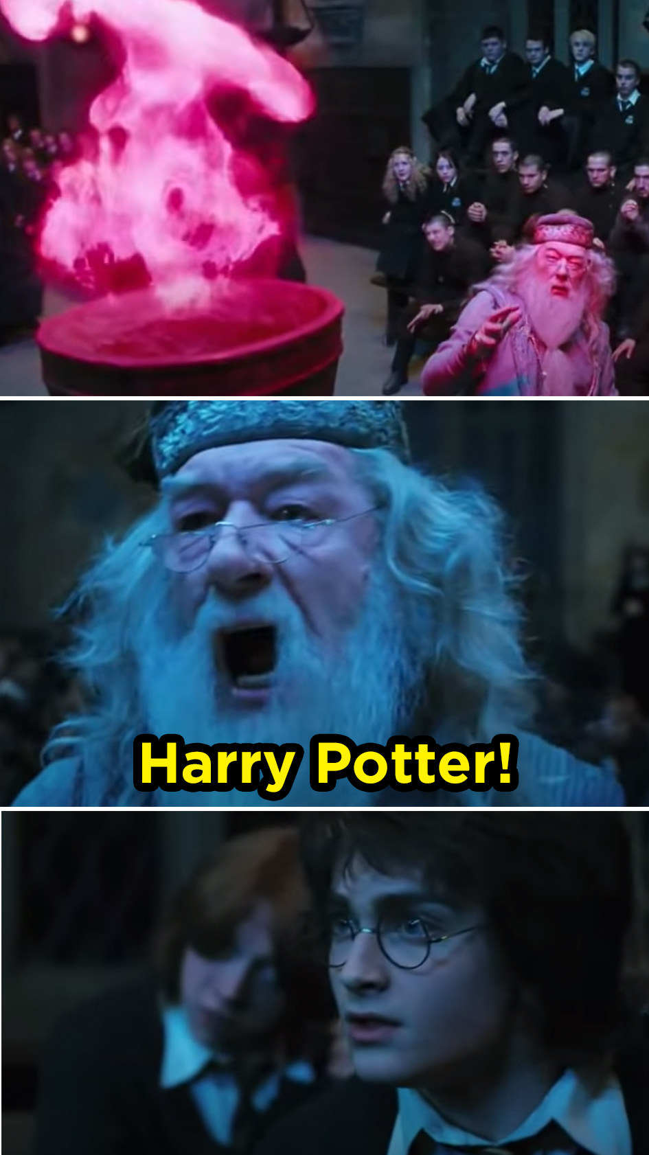 a large flame floats above a sea of schoolchildren. a wizard yells &quot;harry potter!&quot; and the next frame is a boy, harry potter, looking shocked with eyes wide, mouth slightly open.