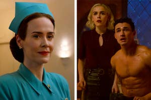 Side by side of Nurse Ratched from "Ratched" and Sabrina and Nick from "Chilling Adventures Of Sabrina"