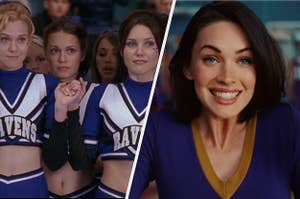 Peyton, Haley, and Brooke hopefully holding hands in One Tree Hill and Jennifer smiling in Jennifer's Body