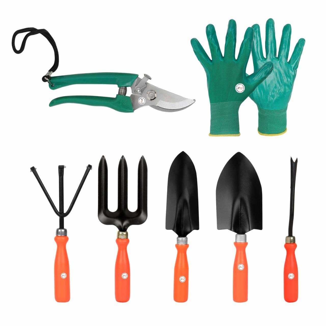 A tool kit with a gardening cut tool, gloves,  a fork, a cultivator, a narrow trowel, a large trowel and a weeder.