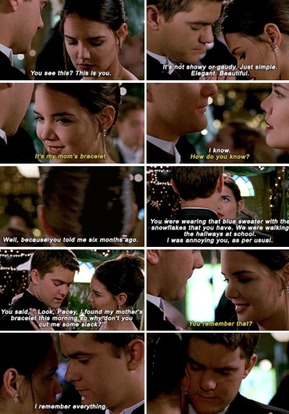 Pacey and Joey dancing while he talks about the story she told him about her mother&#x27;s bracelet