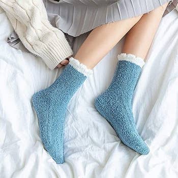 model wearing socks in blue