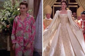 Side-by-side images of Princess Mia in pajamas and Princess Mia in her coronation gown