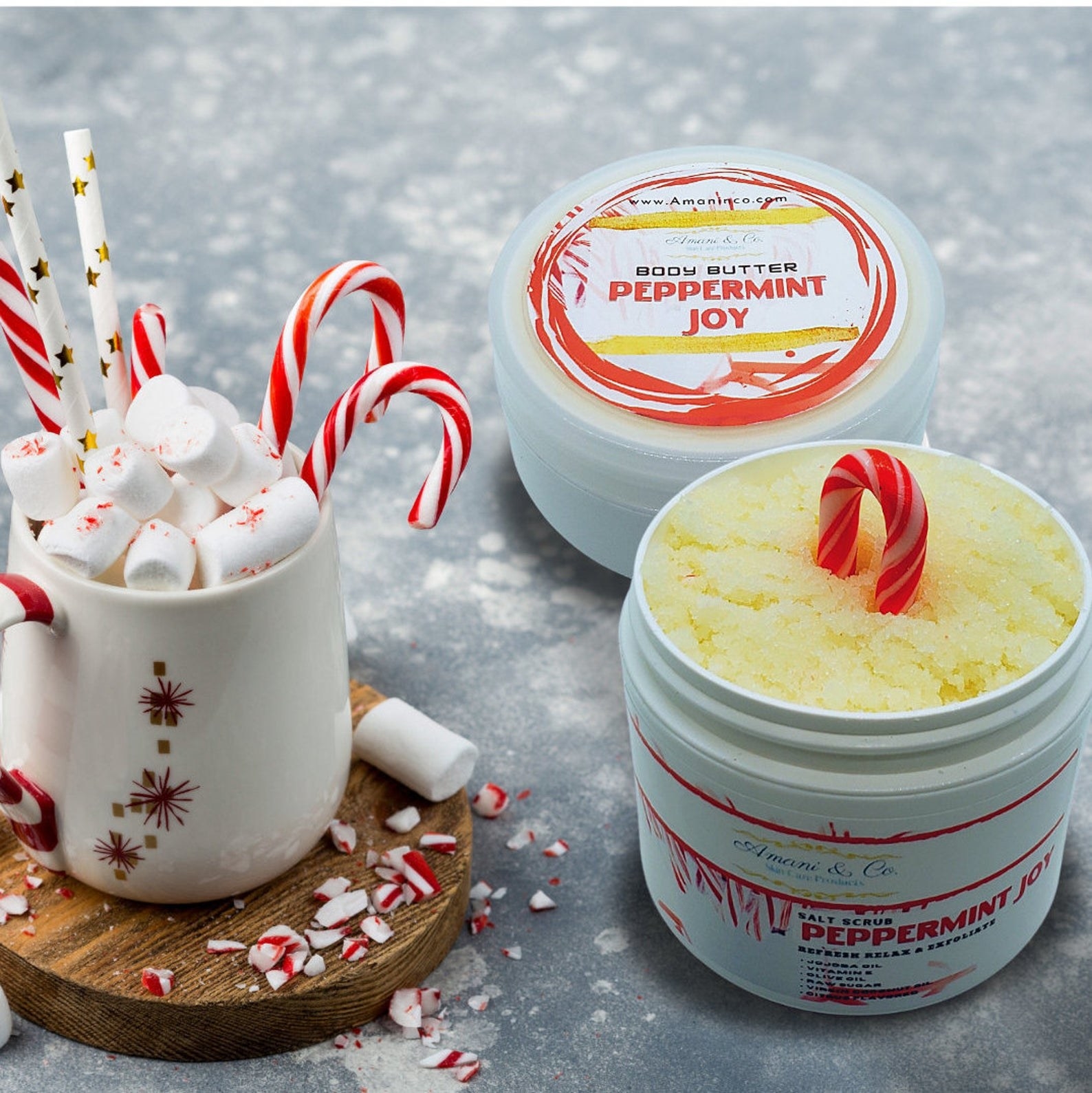 A gift set with peppermint joy body butter and sugar scrub 