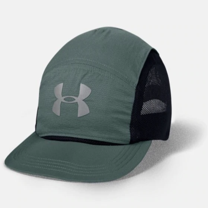 green running hat with black mesh backing 