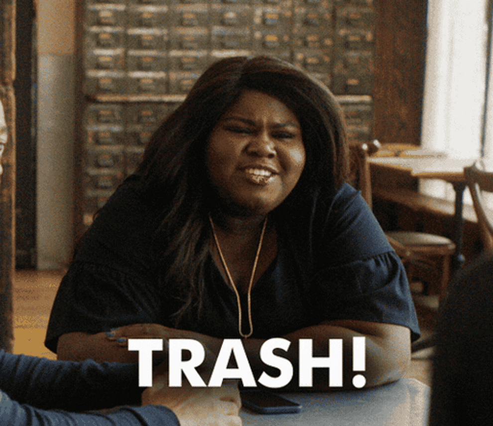 Gif of character from Difficult People saying &quot;Trash!&quot;