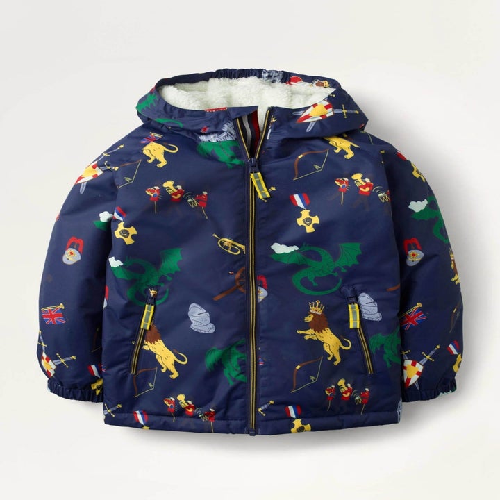 Navy blue kid jacket with dinosaurs on it 