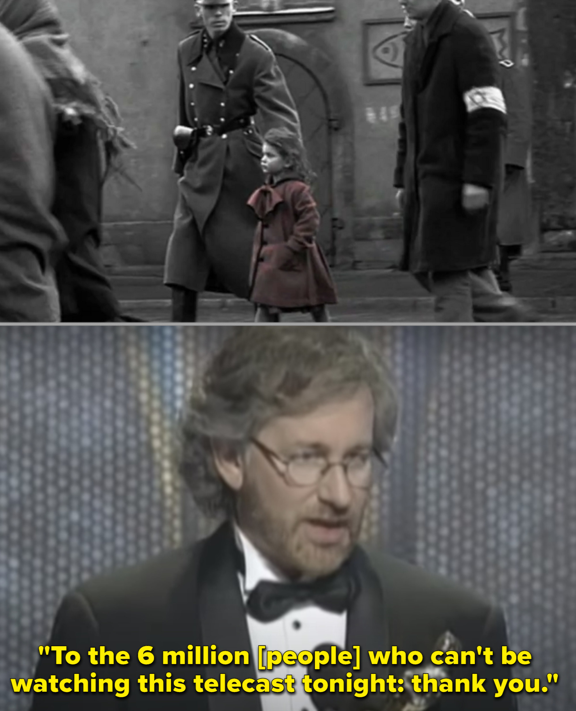 A shot of the little girl in her red coat from &quot;Schindler&#x27;s List,&quot; and a shot of Spielberg accepting his Oscar