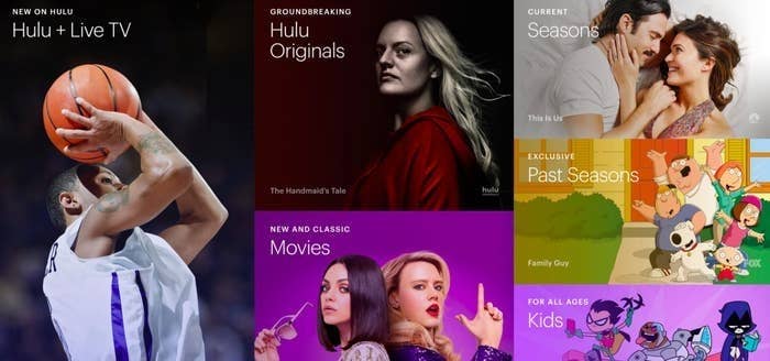 various categories on hulu including live tv, hulu originals, movies, kids, and more