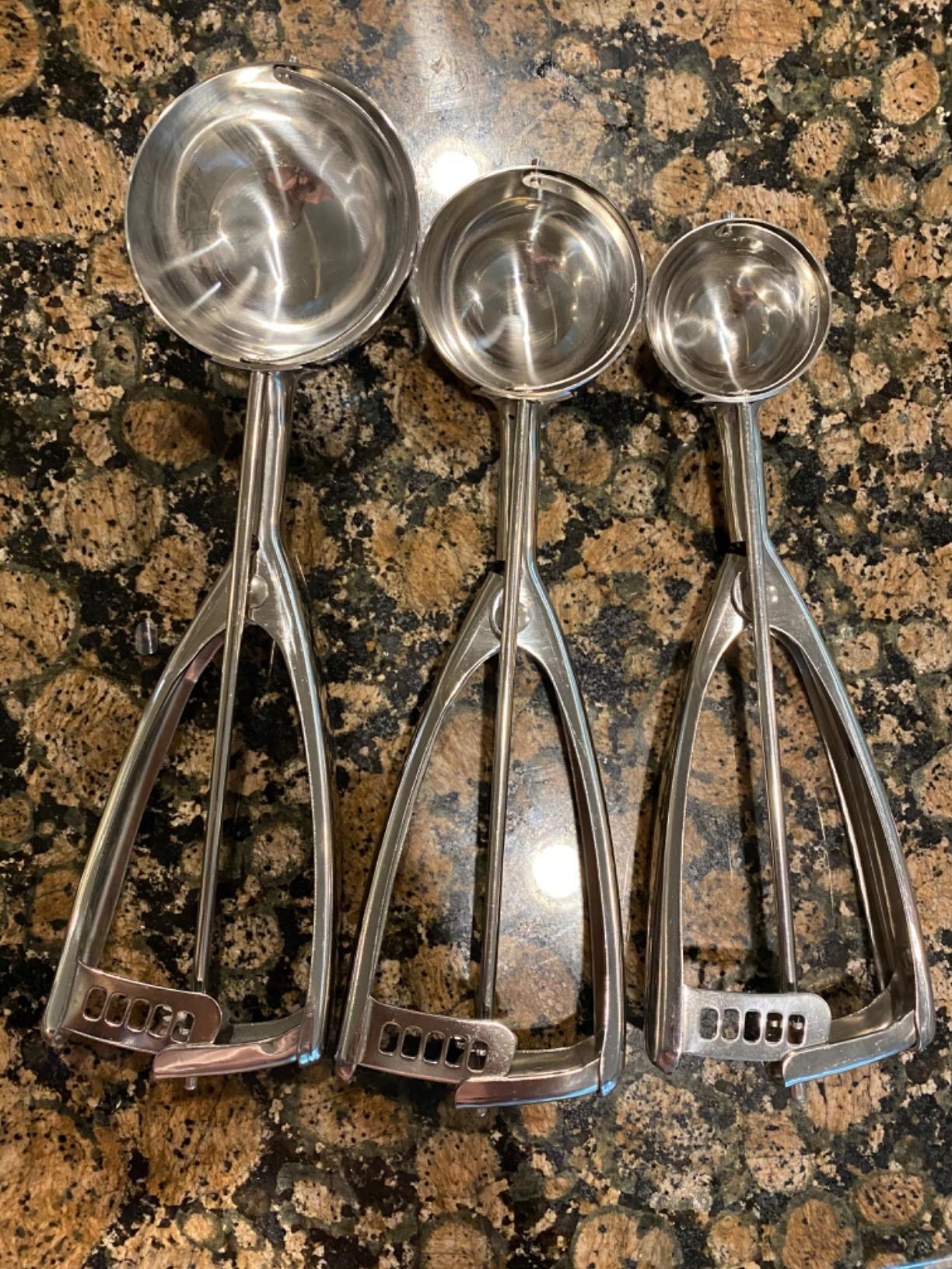 reviewer image of the cookie scoop set on a kitchen counter