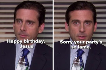 a man sits at his desk while wearing a suit and tie with a snowy cabin on it, saying happy birthday jesus, sorry your party's so lame