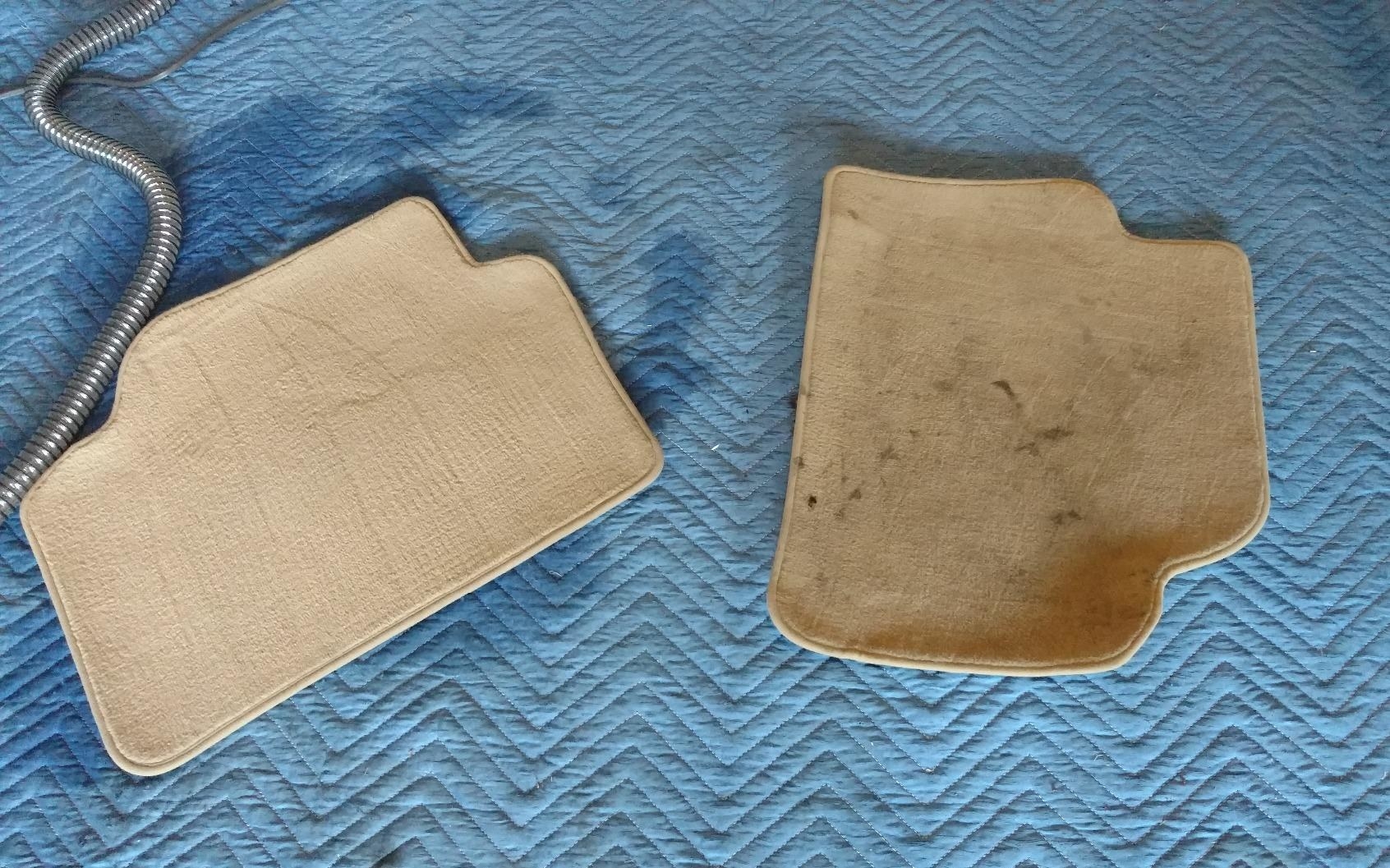 Reviewer&#x27;s photo of their car floor pads before and after cleaning with the Hoover cleaner