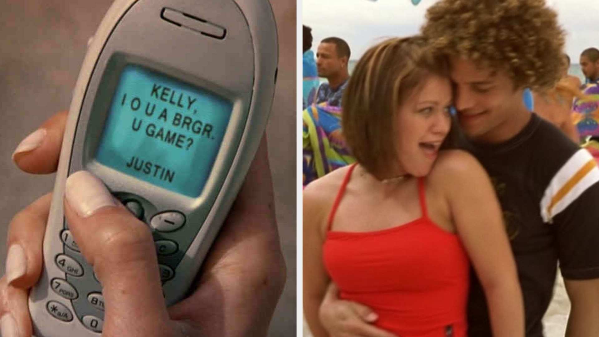 Justin texting Kelly: &quot;Kelly, I O U a brger. U game?&quot; and Justin and Kelly dancing romantically on the beach