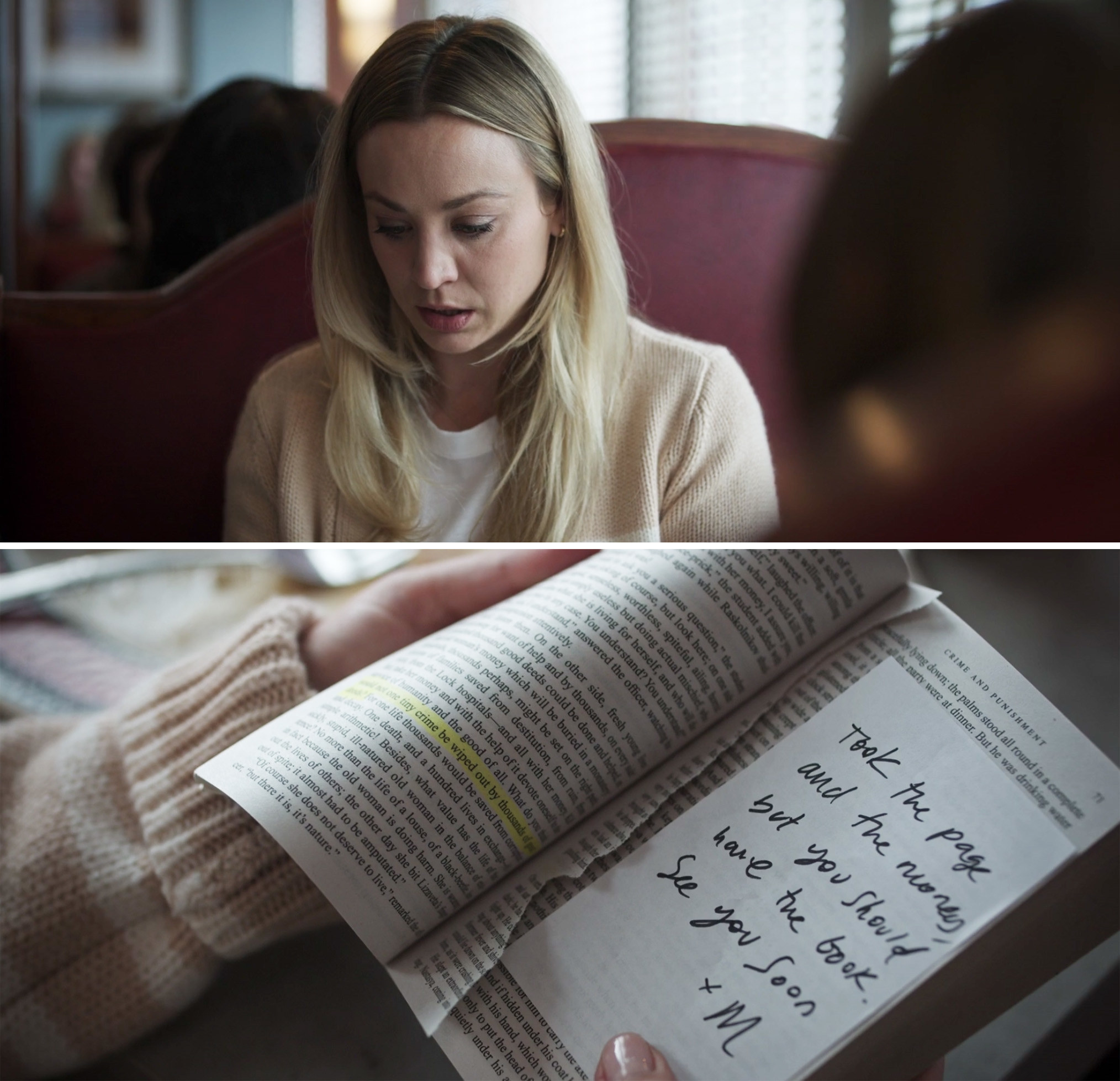 Cassie reading a note in the book that says, &quot;Took the page and the money, but you should have the book. See you soon. M&quot;