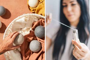On the left, light gray wool dryer balls. On the right, hand pulls 100% silk floss out of reusable container 