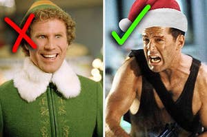 Will Ferrel as Buddy the Elf next to Bruce Willis in Die Hard