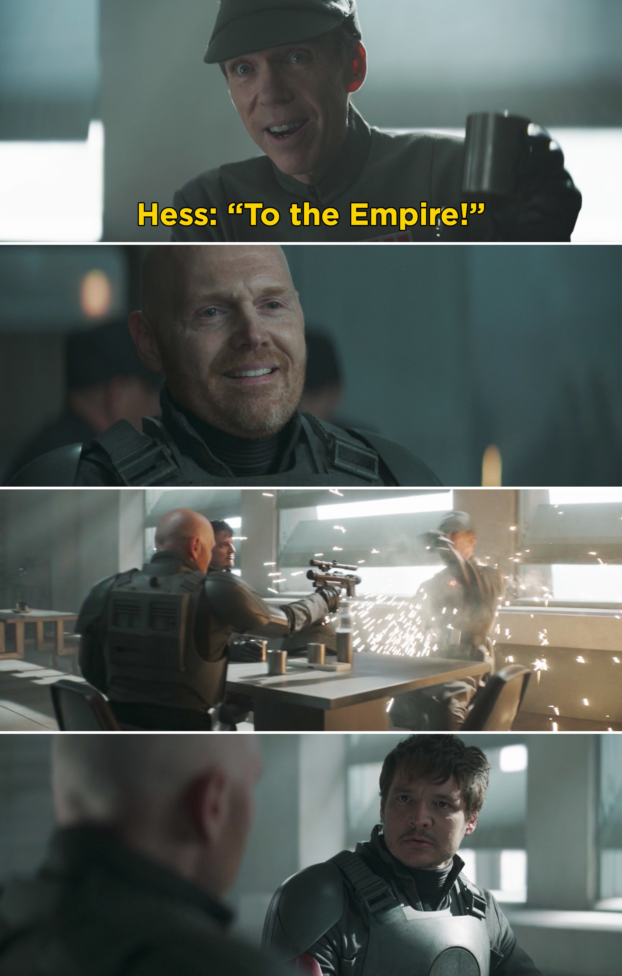 Hess saying, &#x27;To the Empire&quot; and then Migs shooting him