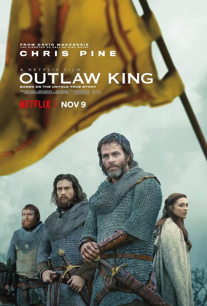 Tony Curran, Aaron Taylor-Johnson, Chris Pine, Florence Pugh on the US poster for &quot;Outlaw King&quot;