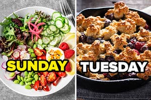 a bowl of salad with the word "sunday" over it next to a blueberry cobbler with the word "tuesday" over it