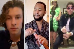 Shawn Mendes staring, John Legend popping a bottle of champagne, and Darren Criss dancing