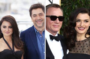A photo of Penelope Cruz and Javier Bardem next to a photo of Daniel Craig and Rachel Weisz 